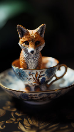 Vintage porcelain cup with a fox on a dark backgroundの素材