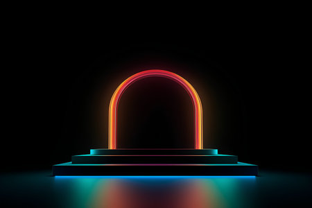 Neon arch on black background. 3D rendering. Neon style.の素材