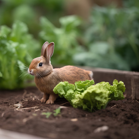Rabbit with lettuce in the garden. Easter background. Selective focus.の素材