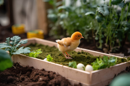 Little yellow chicken in a pot on a background of green plants.の素材