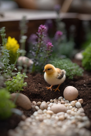Easter decoration with little yellow chicken on pebbles in the gardenの素材