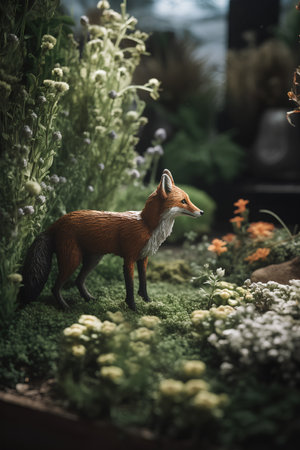 Little red fox standing in the garden with flowers and grass. Selective focus.の素材