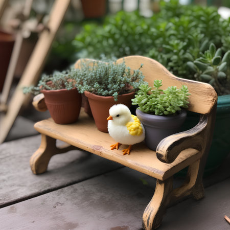 Cute little chick sitting on a wooden chair with flowers in potsの素材