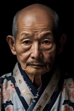 Portrait of an elderly Japanese man in traditional clothes on a black backgroundの素材
