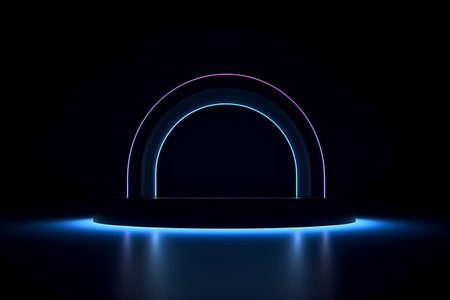 Neon arch on dark background. 3D rendering. Neon arch.の素材