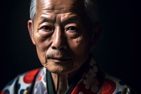 Portrait of an old Japanese woman in a kimono.の素材
