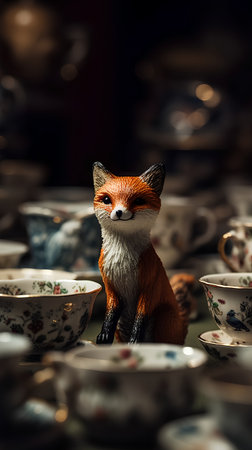 Ceramic figurines of a red fox on a table in a restaurantの素材