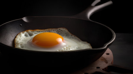 Fried egg in a frying pan on a dark background. Selective focus.の素材