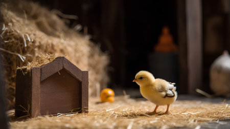 Little yellow chicken and wooden house on straw background. Easter concept.の素材