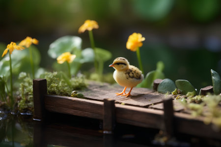 Little yellow duckling on a wooden pier with yellow flowers in the backgroundの素材