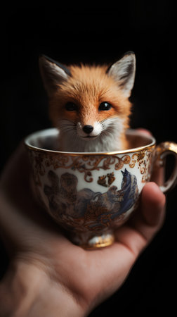 Cute little fox in a cup of tea on a black backgroundの素材