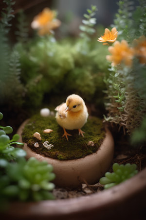 Easter decoration with little yellow chick on green moss in eggshellの素材