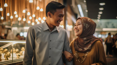 Hijab couple in the shopping mall. Asian muslim man and woman wearing traditional clothes.の素材