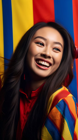 smiling asian woman in red jacket and headphones on rainbow backgroundの素材