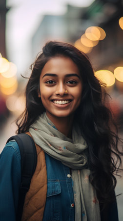 Portrait of a smiling young woman standing on a city street.の素材