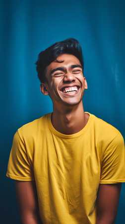 Portrait of a young asian man laughing on a blue backgroundの素材