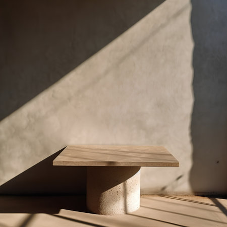 3d render of a wooden product stand on a concrete wall backgroundの素材