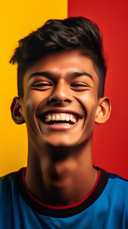 Portrait of a happy asian boy laughing on colorful background.の素材