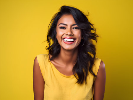 Portrait of a beautiful young asian woman laughing on yellow backgroundの素材