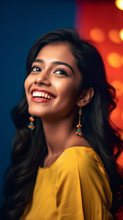 beautiful smiling indian woman in yellow blouse looking at cameraの素材