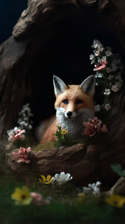 Beautiful little fox with flowers in a wooden box. Dark background.の素材