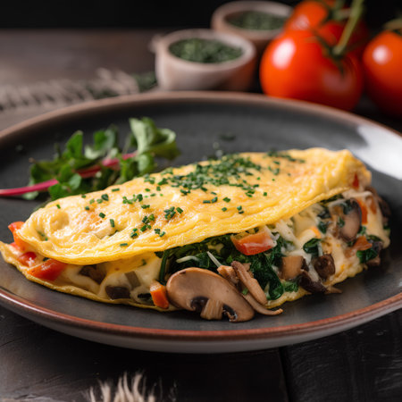 Omelet with mushrooms, spinach and tomatoes on a plate.の素材