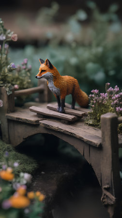 Miniature of a red fox on a wooden bridge in the gardenの素材