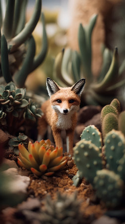 Cute little fox in the cactus garden. Minimal concept.の素材