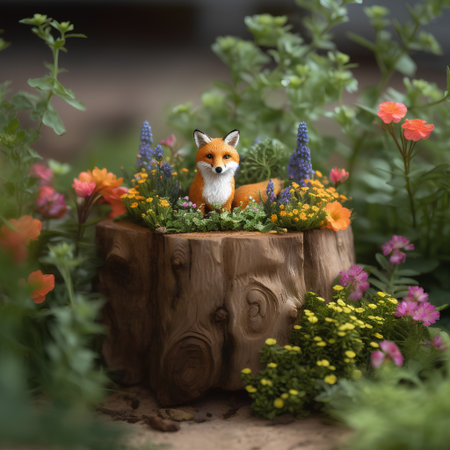 Cute little fox sitting in a wooden box with flowers in the gardenの素材