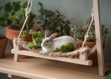Cute little rabbit on wooden shelf with succulents at homeの素材
