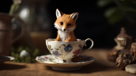 Cute little fox figurine in a porcelain tea cupの素材