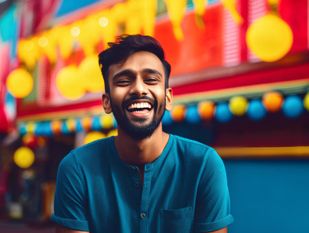 Handsome young indian man in blue t-shirt smiling and looking at camera while standing in front of colorful backgroundの素材