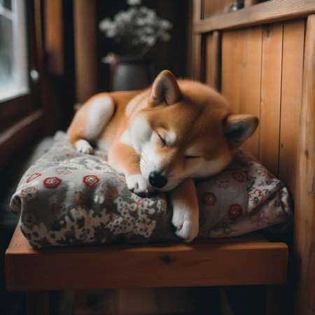 Shiba inu dog sleeping on a pillow in a cozy roomの素材
