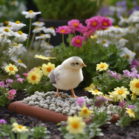 chick and flowers in the garden, easter background, selective focusの素材