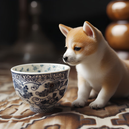 Cute Shiba Inu puppy with a cup of tea.の素材