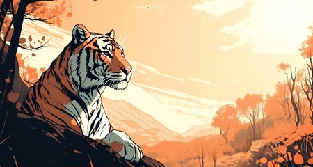 Tiger on the background of the mountains and forest. Vector illustrationの素材