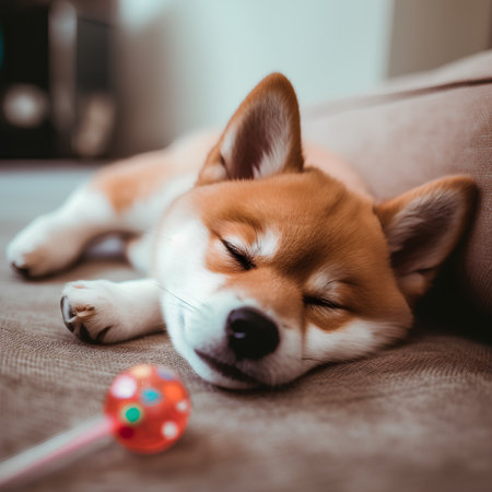 Shiba inu puppy sleeping on a sofa at home. Selective focus.の素材