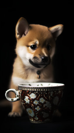 Cute shiba inu puppy with cup of tea on black backgroundの素材