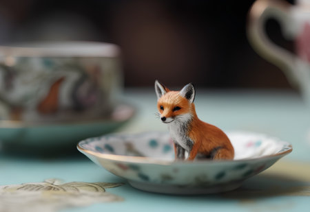 Cute little red fox sitting on a porcelain saucerの素材