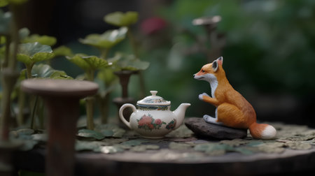 Red fox and teapot in the garden,vintage styleの素材