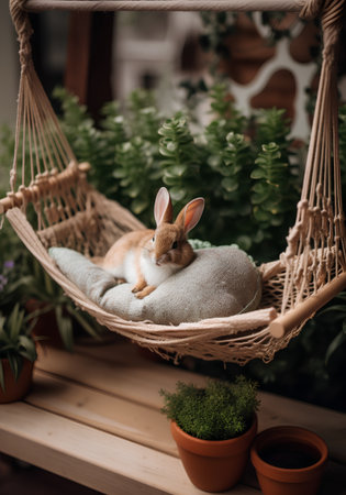 Cute little rabbit on a hammock in the garden. Easter concept.の素材