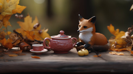 Cute fox and cup of tea on a wooden table in autumn forestの素材