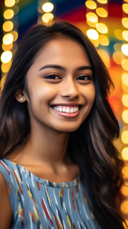 Portrait of a beautiful young asian woman smiling on a bokeh backgroundの素材
