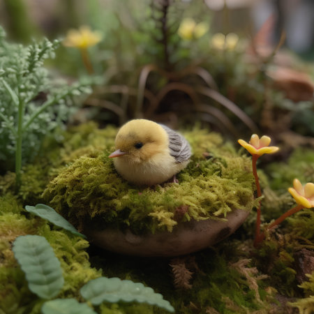Little chick in a clay pot with moss on the background of flowersの素材