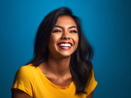 Portrait of a beautiful young woman laughing and looking at camera on blue backgroundの素材