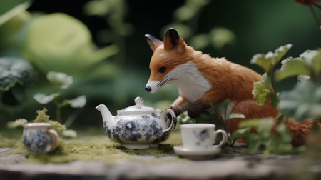 Cute little fox with teapot and cup in the gardenの素材