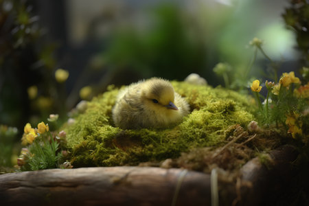 Little yellow chicken on moss in the garden. Selective focus.の素材