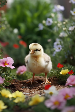 Cute little yellow chicken in the flower garden. Selective focus.の素材