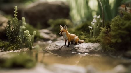 Little red fox standing on a rock in the middle of a streamの素材