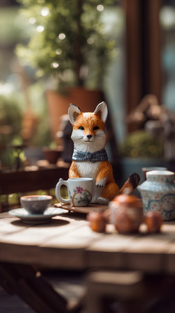 Cup of coffee with a cute fox doll on the table.の素材